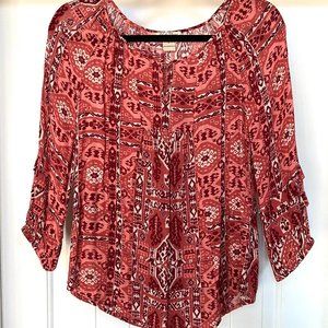 Lucky Brand Bohemian Boho Aztec Blouse Red Orange S
